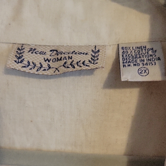 New Directions Sz2X Woman Linen, cotton palm tree  giraff beaded button down top - Picture 2 of 5